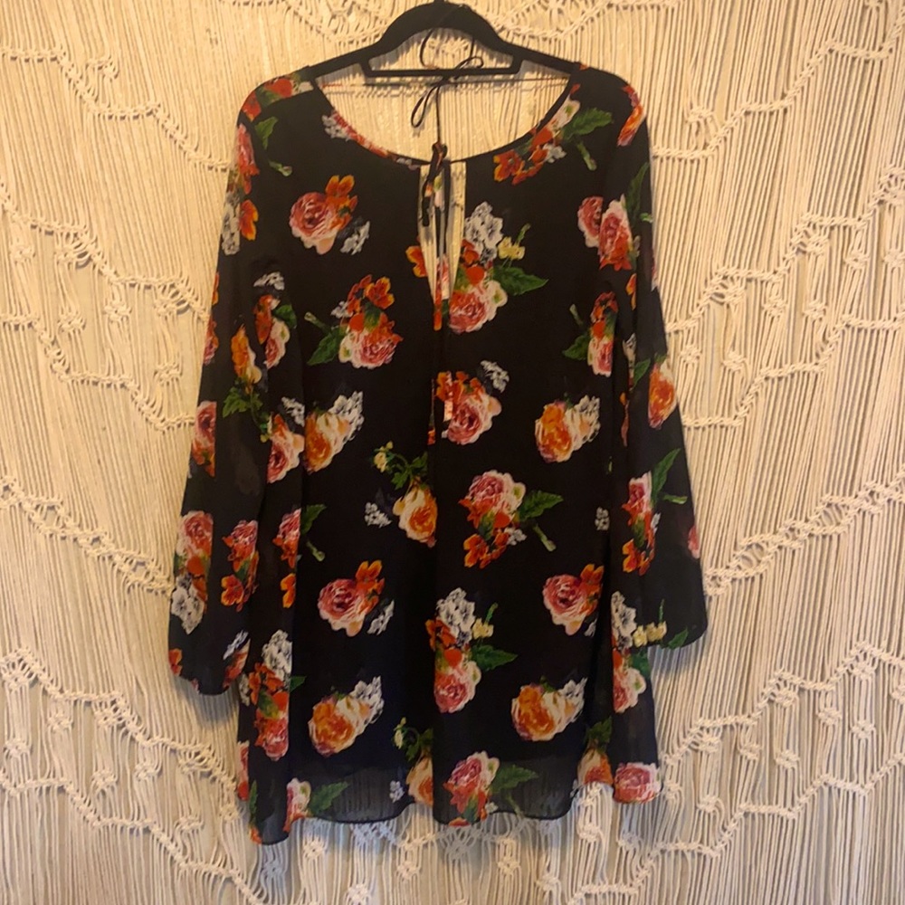 Black long sleeve dress with rose print and scoop back